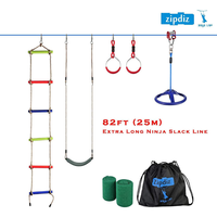 Kit de parcours d'obstacles Zipdiz de 25 m pour jardin, avec tyrolienne Ninja, chariot, anneau d'escalade et frein à ressort - Sécurité sportive