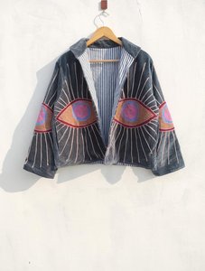 <b>Velvet</b> Embroidered Eye Pattern Suzani <b>Jacket</b> <b>Women</b> Open Front Three Quarter Sleeve Autumn Short Outerwear Hand Embroidery Design - Product Image 1