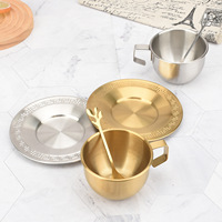 Ensemble de tasses à café en acier inoxydable avec soucoupe et cuillère, 250 ml, 304 18/8, finition brossée, motif clé grecque, poignée feuille, or argent