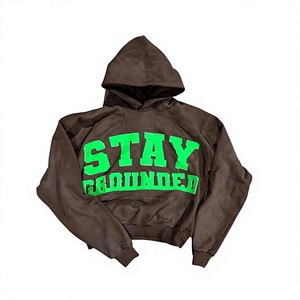 Stay Grounded Embroidered Crop Hoodie Unisex Oversized French Terry <b>Sweatshirt</b> Casual Autumn Wear - Product Image 4