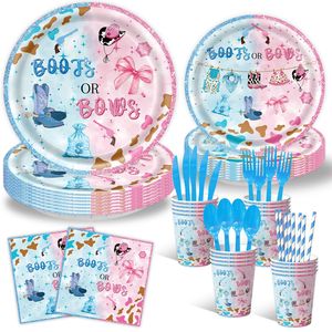 Perlengkapan pesta bening jenis kelamin Denim merah muda dan biru 7/9 inci piring kertas cangkir spanduk serbet untuk dekorasi perayaan perayaan perayaan perayaan Baby Shower - Product Image 2