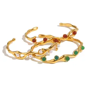 Delicate Stainless Steel Pearl Bangle Bracelet Tarnish Free Jewelry 18K Gold Plated Natural Red Green Stone Bangle Bracelet