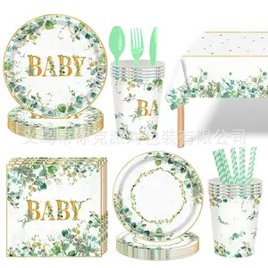 New Fresh Green Eucalyptus Party Cutlery Set Birthday Welcome Party Decoration Supplies Disposable Paper Plate Paper Cup Napkins