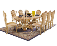 Ventes chaudes Table à manger classique européenne 6 à 8 personnes Table à manger de luxe en marbre rectangulaire dorée Table à manger en bois massif sculpté et ensemble de chaises