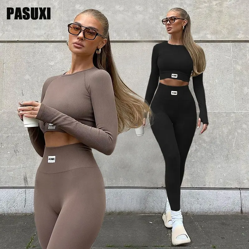 PASUXI женские бесшовные комплекты из 2 предметов для йоги, спортивные костюмы с высокой талией, с длинным рукавом, фитнес, спортивная одежда для бега, ребристый комплект для йоги