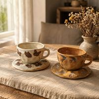 Ensemble tasse et soucoupe à café en céramique artisanale de style vintage, design floral, pour la maison, idéal pour le thé de l'après-midi