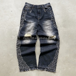 Custom Streetwear <b>Jeans</b> Crystal Rhinestone Raw Hem Jorts Cut Edge Denim Pants Distressed Streetwear Acid Wash Baggy <b>Jeans</b> Men - Product Image 1
