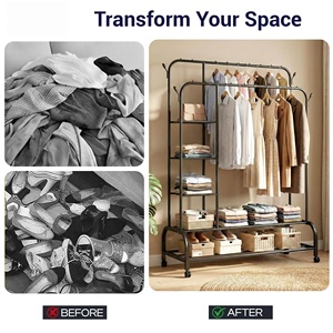 New Metal Double Pole Clothes Rack Floor Standing Hanging Laundry Multifunctional Movable Clothes Rack With Hooks - Product Image 3