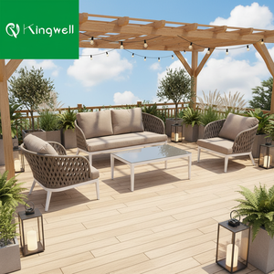 Ensemble <span class=keywords><strong>de</strong></span> <span class=keywords><strong>salon</strong></span> <span class=keywords><strong>de</strong></span> jardin 4 pièces en aluminium gris moderne résistant aux intempéries avec table en verre et tressage en corde pour <span class=keywords><strong>balcon</strong></span> et restaurant - Product Image 1