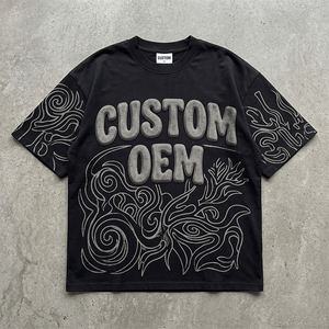 เสื้อยืดโอเวอร์ไซส์ทรงบ็อกซี่ ตัดเย็บแบบครอป ไหล่ตก ผ้าฝ้าย 100% 330 GSM พิมพ์ลายดิจิตอลแบบฟล็อกกิ้ง สไตล์วินเทจทำสีซีดแบบดิสเทรส รับผลิตตามแบบ OEM - Product Image 1