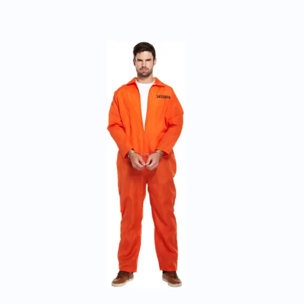 Adult Mens Orange Convict Suit Prisoner Overalls Jail JumpSuit Dress Up Outfit With handcuff