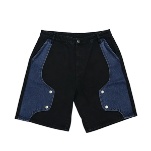 Pantalones Cortos de Mezclilla para Hombre, Diseño de Parches en Negro y Azul, Decoración con Remaches, Corte Holgado, Estilo Casual de Verano, Jeans Cortos - Product Image 3
