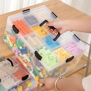 Caixa de armazenamento lego, multifuncional de plástico transparente camada dupla organizador de armazenamento com tampa