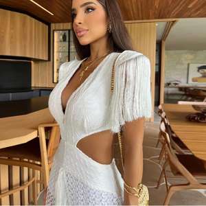 Robe blanche sexy en dentelle à franges pour femmes, col en V, manches à pompons, taille <span class=keywords><strong>nue</strong></span> mince, robe à pompon, robe de plage d'été pour femmes - Product Image 2