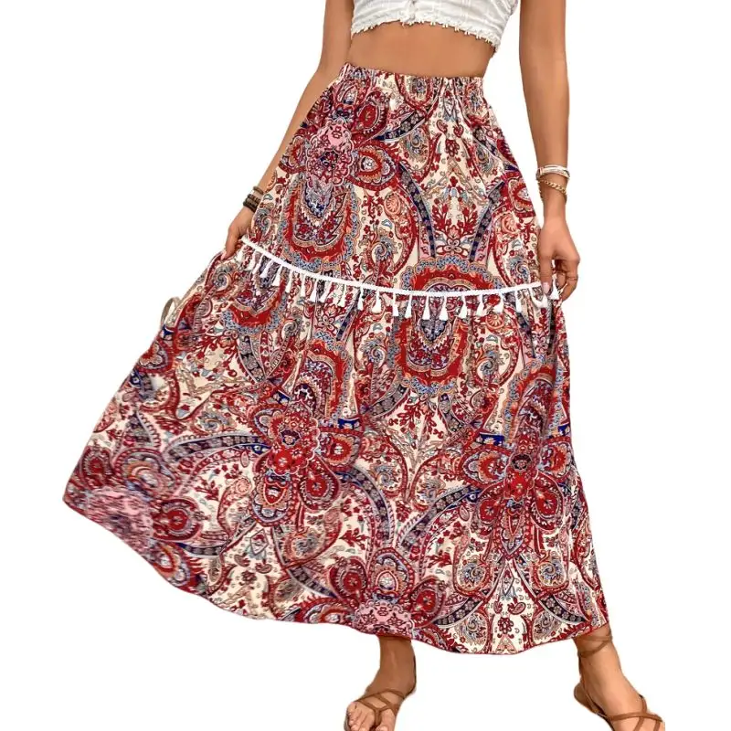 Paisley rok Maxi wanita, Bawahan kasual liburan pantai Bohemian A-line Detail gaya liburan Maxi pinggang tinggi