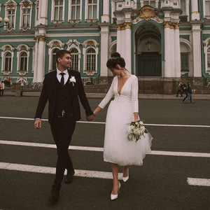 Abito da sposa <span class=keywords><strong>corto</strong></span> a maniche lunghe <span class=keywords><strong>con</strong></span> scollo a V profondo, in <span class=keywords><strong>tulle</strong></span>, linea ad A, per matrimonio casual - Vendita all'ingrosso - Product Image 2
