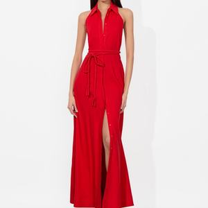 Robe longue chic rouge personnalisée à col halter avec cordon de serrage à la taille, idéale pour les vacances et les événements, robe sexy à décolleté plongeant en V - Product Image 1