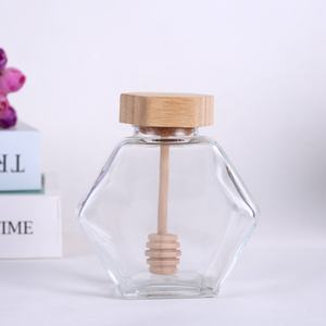 Wholesale Honey Jar <b>Jam</b> Pickle Jelly Food Jar 100ml 220ml 380ml Hot Sale Unique Hexagonal Wood Cap and Sticks Glass Honey Jar - Product Image 1