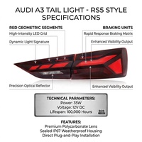 Luces Traseras LED Estilo RS para Audi A3 2013-2020 con Luz de Circulación Dinámica, Señal de Giro Secuencial y Luz de Advertencia