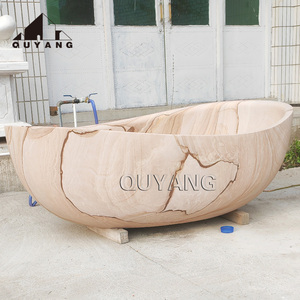 Quyang Villa Badkamer Decoratieve Natuurlijke Houtader Steen Badkuip Op Maat Beige Marmeren Badkuip - Product Image 4