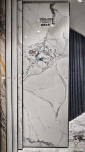 Nouvelle Arrivée <span class=keywords><strong>Dalle</strong></span> de Pierre Frittée Brillante 1000x3000mm Antidérapante Résistante aux Acides Grain Continu Infini Veines Blanches Bleues Dorées pour Mur - Product Image 3