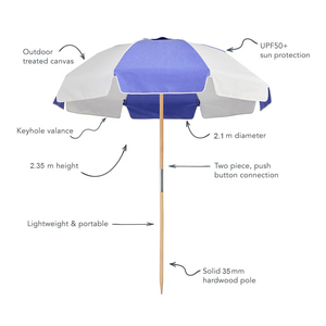 Grand parasol coupe-vent portable personnalisé de 210cm parasol de plage à bord festonné blanc français de jardin en bois vintage avec pompon - Product Image 2