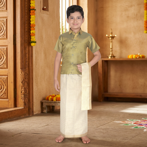 Conjunto de 3 Piezas de Camisa de Seda y Algodón para Niños, Dhoti Angavastram, Ropa Festiva Étnica del Sur de la India, Ropa Tradicional para Niños de 0 a 10 Años - Product Image 4