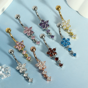 YW Anelli Pendenti per <span class=keywords><strong>Ombelico</strong></span> in Acciaio Inossidabile Dorato con Zirconi a Forma di Fiore, 8 Colori, Gioielli per <span class=keywords><strong>Piercing</strong></span> da Matrimonio e Regalo - Product Image 2