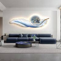 Peinture Décorative Moderne pour Salon, Peinture Murale à Plumes avec Éclairage LED, Décoration de Fond de Canapé