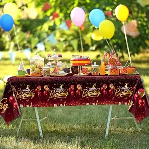 Taplak meja ulang tahun 3pcs, taplak meja ulang tahun sekali pakai merah dan emas untuk pesta ulang tahun