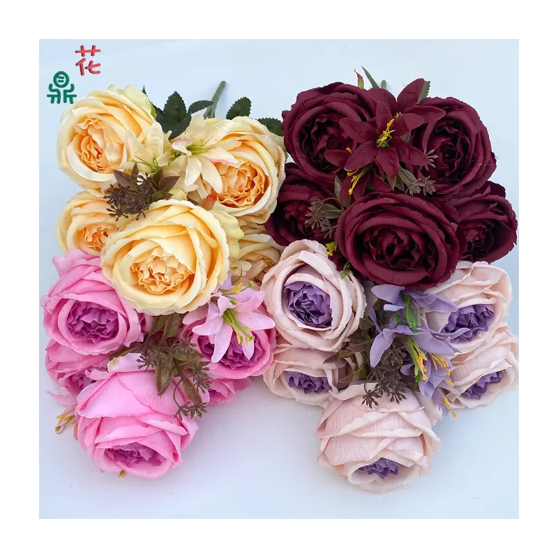 Fabricantes al por mayor 5 accesorios de fotografía de jardín de rosas de lirio flores de seda muebles de alta calidad hermosas flores artificiales antiguas