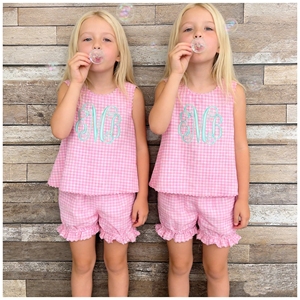 Set Estivo per <span class=keywords><strong>Bambina</strong></span> con Gonna a Balze Rosa a Quadretti e Bretelle, Set con Grembiule e Pannolino per Neonata, Abbigliamento Personalizzato per <span class=keywords><strong>Bambina</strong></span> - Product Image 1