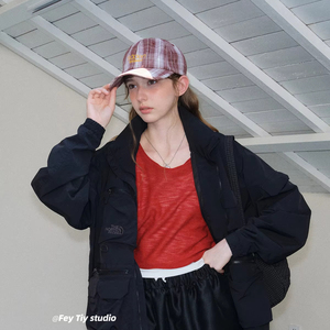 Cappellino da Baseball a scacchi rosso retrò americano per le donne, alla moda in primavera e in autunno, riducendo l'età e rendendo il viso più piccolo - Product Image 1