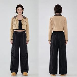 Pantalon décontracté noir à jambes larges, taille élastique, cordon de serrage, plusieurs poches, streetwear pour hommes - Product Image 6