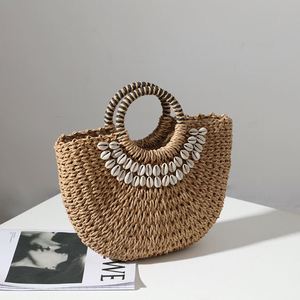 Bolso de Paja Retro Semicircular con Decoración de Conchas, Diseño Nuevo, Bolso de Mano Tejido a Mano para Mujer, a la Moda, para la Playa - Product Image 2