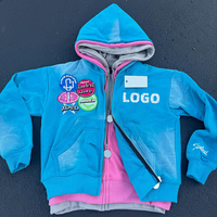 Sweat à capuche décontracté vintage en molleton bouclette avec logo personnalisé imprimé et écusson, effet délavé soleil, épais, 100% coton, automne, fermeture éclair, poche