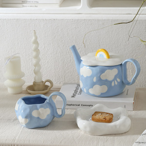 Cute cloud design ceramic teapot irregular coffee <b>cup</b> and <b>saucer</b> set hand painted porcelain tea set for women - Product Image 2