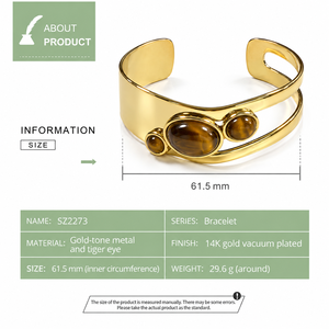 กำไลข้อมือแบบเปิดลายไทเกอร์อาย ประดับด้วยหินไทเกอร์อาย ชุบทอง 14K ด้วยเทคนิคการชุบสูญญากาศ - Product Image 2