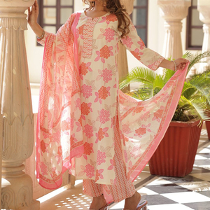 ชุดเสื้อกางเกงผ้าฝ้ายพิมพ์ลายดอกไม้สำหรับผู้หญิงชุดกระโปรงยาวสำหรับงานปาร์ตี้ฤดูร้อนสไตล์บอลลีวู้ดชุดสูทเสื้อกางเกงสำหรับผู้หญิง - Product Image 1