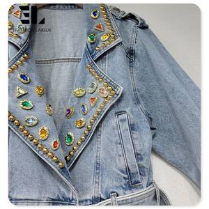 LARSUR Denim Factory strass borchiato di perle di cristallo gioielli in Denim <span class=keywords><strong>giacca</strong></span> da donna motociclista <span class=keywords><strong>moto</strong></span> signore giacche di jeans femminili - Product Image 4