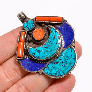 Joyería de plata tibetana, joyería colgante de lapislázuli de coral turquesa natural, fabricante de joyería de plata antigua, joyería personalizada - Product Image 3