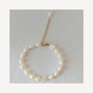 Bracciale/Cavigliera 17 cm + 5 cm, 100% <span class=keywords><strong>Perle</strong></span> Naturali d'Acqua Dolce, <span class=keywords><strong>Perle</strong></span> <span class=keywords><strong>Barocche</strong></span> Annodate 6.5-7.5 MM, Durevole, Chiusura Placcata in Oro 18k - Product Image 1