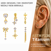 ASTM F136 Titanium Kelas Implan Berlapis Emas 18K Model Bunga Ulir Dalam Labret Helix Tragus Bibir Zirkon Pernikahan
