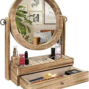 Wooden Jewelry Storage <b>Box</b> With Mirror Single Layer Drawer <b>Makeup</b> Organizer Desktop Organizer For Jewelry And Accessories - Product Image 5