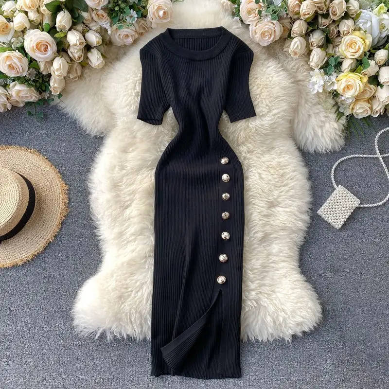 OEM Custom Fashion Summer Fall Casual Women's Ladies Clothing Short Sleeve Loose Knitted Sweater Dress