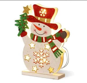 44cm High Wood Laser Double Sided Santa /Snowman/Penguin with 10 Warm white LED Lights Christmas Home Desktop Ornament