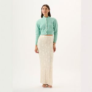 High Waisted <b>Straight</b> Leg Split Hem Sparkle Midi <b>Skirt</b> Gorgeous Heavy Duty Embroidery Design Formal - Product Image 1