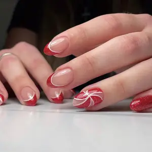 Noël quotidien rouge paillettes presse sur les ongles flocon de neige français pointe manucure acrylique bâton sur ongles amande Chrome ongles Art