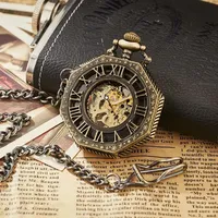 Montre de poche mécanique hexagonale dorée, argentée, bronze, avec chaîne ajourée et boîte, pour hommes et femmes, cadeaux vintage