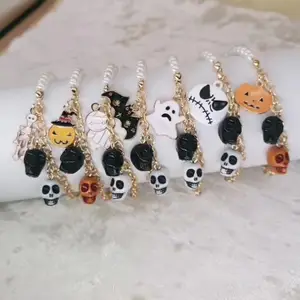 2022 New Design Fashionable Halloween Jewelry Ghost Pumpkin Bat Skeleton Skull Pearl Pendant Handmade String Bracelet